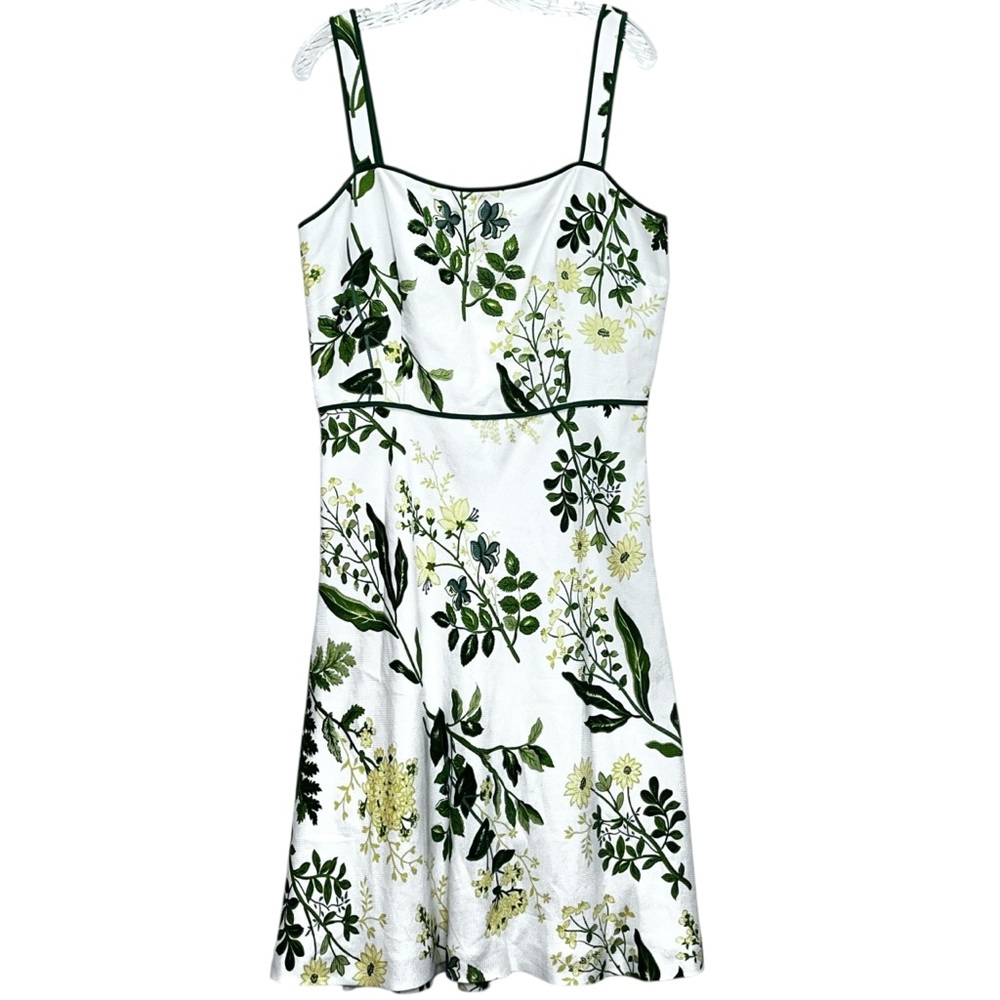 Ann Taylor Loft Pique White/Green Daisy Leaf Linen Rayon A-Line Sundress Size 12